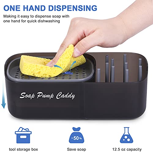 Dish Soap Dispenser for Kitchen, Sponge Soap Dispenser, 3-in-1 Countertop soap pump dispenser and sponge holder, for Kitchen Sink Dishwashing Soap Dispenser and Cleaning Tools Storage Box - 12.5 Ounce