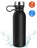Thermoflask, Eccomum 20 oz Vacuum flask, 18/8 Stainless Steel Double Wall Water Bottle, Insulated, BPA Free, Lightweight, Leak Proof, Wide Mouth with Finger Belt, Finger-Print Free Texture - Black