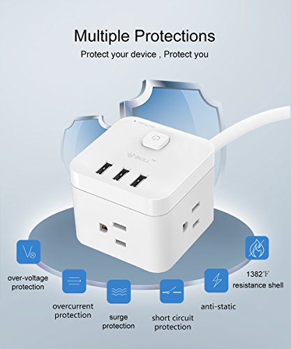 BULL Smart Power Strip Surge Protector with Rotating Flat Plug, USB charging station for desktop, nightstand and more, 3 USB 3AC Outlets Cubic Space Saving Design, 1875W, with 14AWG 5ft Extension Cord
