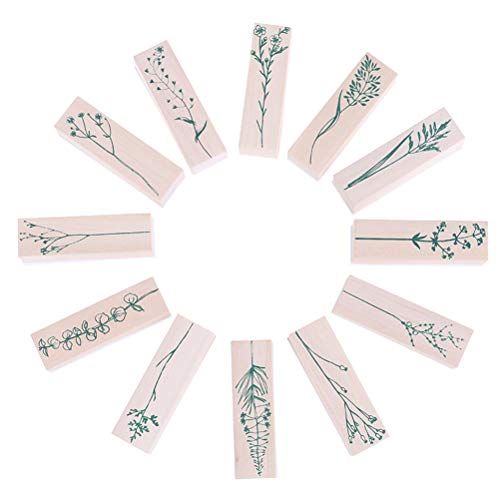 Ioffersuper 6 Pcs Decorative Wooden Stamps with Leaf Plant Pattern, Rubber Stamp Set for Scrapbooking DIY Card Making