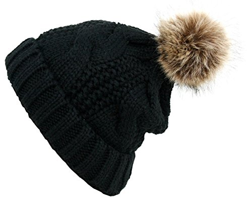 ANGELA & WILLIAM Women's Thick Cable Knit Beanie Hat With Soft Fur Pom Pom, Black, One Size