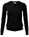 Women's Round Neck Lightweight Knit Ribbed Hem Cardigan with Translucent Gem Buttons Black M
