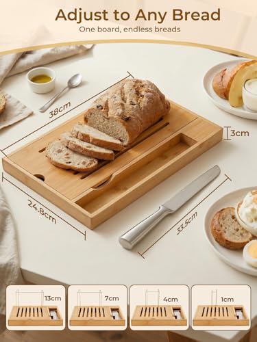 FOHERE Tabla Cortar Pan Bambú Bandeja Recogemigas, Cuchillo Pan Incluido | Bambú Ecológico, Bandeja Recogemigas Extraíble, 2-En-1 Corte/Servicio, Adecuado Para Baguette/Croissant, 38 X 24,8 X 3 cm