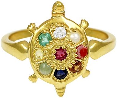 Round Cut White CZ Diamond Navaratna Tortoise Ring Fancy Party Wear Ring for Men & Women 14k Yellow Gold Plated