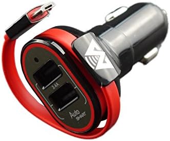 MobiTronics New V2 3.4A Dual-Port USB High Speed Car Charger with a Built-in 10" 2.1A Micro-USB Charge Data/Sync Cable - Smart Chip technology.ONE YEAR WARRANTY (Car Charger w/ Micro-USB Cable-Red)