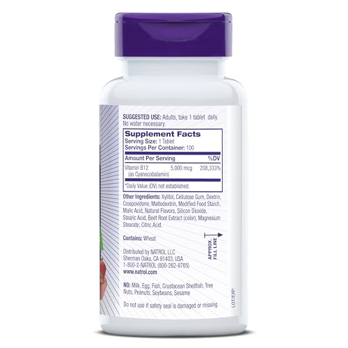 NATROL VITAMIN B12 5,000 MCG, FAST DISSOLVE VITAMIN B12 SUPPLEMENT SUPPORTS A HEALTHY NERVOUS SYSTEM AND ENERGY METABOLISM, 100 TABLETS, UP TO A 100 DAY SUPPLY