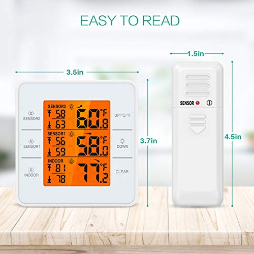 ORIA Refrigerator Thermometer, Freezer Thermometer with 2 Wireless Sensors Indoor Outdoor