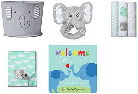 Baby Gift Storage Basket, Plush Blanket, Muslin Swaddles, Rattle, Babys First Book