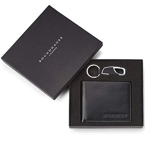Roundhause Black Designer Slim Bi fold Mens Wallet Real Leather Credit Card Holder Organiser Paper Money Purse and Leather Key Holder Gift Box Set (Black) Present For Gents