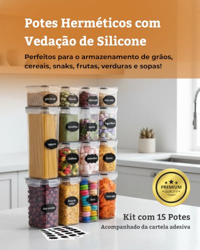 Kit com 15 Potes Herméticos para Mantimentos – Tampa Vedada, Porta Alimentos e Organizadores de Cozinha