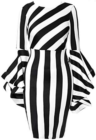 YUHENG Plus Size Dress for Women Fashion Round Neck Stripe Middle Waist Horn Long Sleeve Elegant Party Dresses