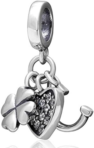 Choruslove Heart Clover and Horseshoe Clear Cz Charm 925 Sterling Silver Lucky Bead