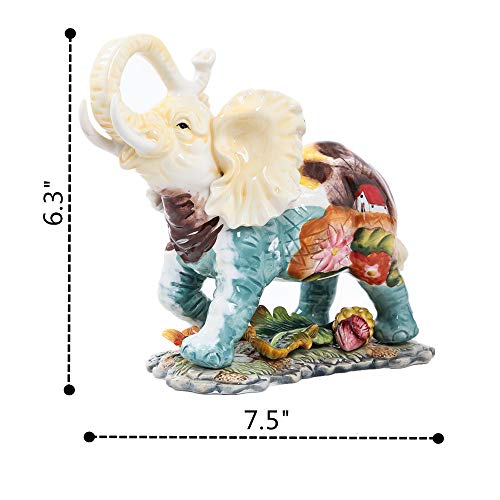 FORLONG FL6016 Ceramic Collectible Figurines Statue,3D Hand-Painted Elephant with Trunk Raised Statue Decoration(Small)