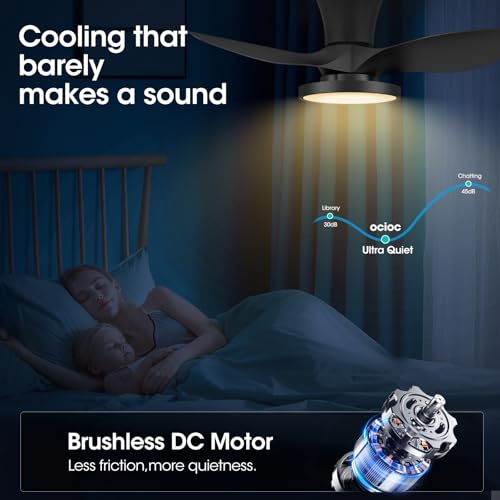 Ocioc Ventilador de techo silencioso con luz LED, motor CC de 32 pulgadas, control remoto de volumen de aire grande para cocina, recámara, comedor y patio