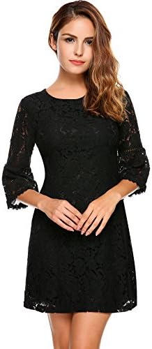 FineFolk Women's Scoop-Neck Solid Three-Quarter-Sleeve Short Fit-and-Flare Dress, Black, XX-Large