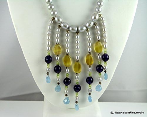 Silver Pearl Multi Strand Waterfall Necklace with Amethyst, Yellow Flourite, Blue Chalcedony and Sterling Silver 925 and Earrings Set
