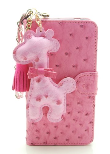 ZZYBIA® S5 OG Pink Leatherette Stand Case Card Holder Wallet with a Giraffe Fringed Dust Plug Charm for Samsung Galaxy S5 I9600