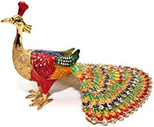 Multi-color Peacock 12-inch Enameled Figurine, 24K Gold Trinket Jewelry Box with Swarovski Crystal, Hand-made (Big Peacock)