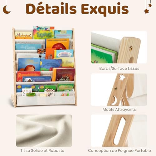 Bibliotheque Enfant en Bois Massif à 7 Niveaux - Etagere de Rangement pour Livres - Présentoir Livres Bebe avec Design Stable - Meuble Montessori pour Chambre d’Enfant (63 cm, Naturel)