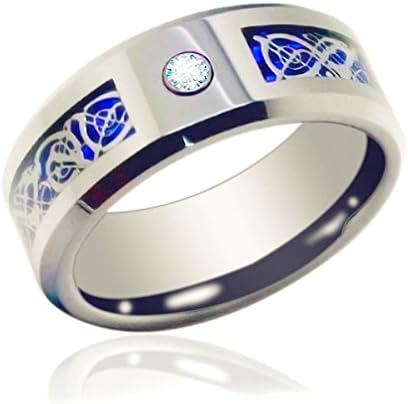 8mm Tungsten Cubic Zirconia Wedding Band with Blue Silver Celtic Dragon Inlay AnniversaryRings(12)