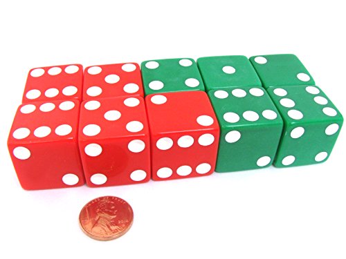 Set of 10 D6 25mm Large Opaque Jumbo Christmas Dice - 5 Each of Red and Green by Koplow Games