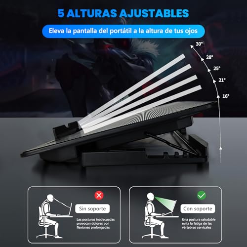 Ventilador para Laptop con 6 Ventiladores Silenciosos,Enfriador Laptop de 5 Ángulos Ajustables,Base de Refrigeración para Ordenador Portatil con Luces LED,Dos Puertos USB para Portatil de 12"-17.3"