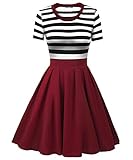 Vessos Women's Vintage Short Sleeve Striped Cocktail Party Swing Dress Black+Wine Red X-Large