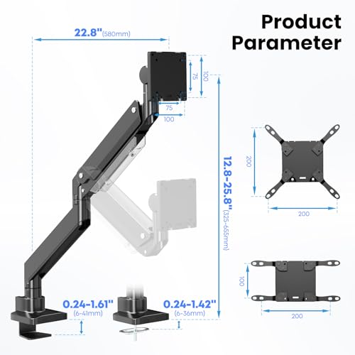 PUTORSEN 17-57 Inch Monitor Mount 1 Monitor, for TVs and Monitors up to 27 kg, Premium Aluminium Monitor Desk Mount with Gas Spring, Reinforcement Plate, VESA Max up to 200 x 200