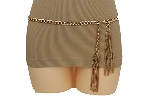 TFJ Women Fashion Belt Skinny Metal Chain Fringes Wrap Around S M Gold