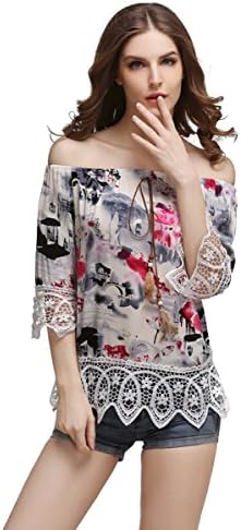 DuDuDou Women's Casual Off Shoulder Floral Lace Patchwork Blouse Top with Accessories