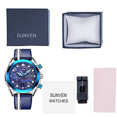 SUNVEN Men\'s Watches Waterproof Quartz - Business Wristwatch Gold Stainless Steel Sapphire Face Multi-Function Displays Luminous Hands 2019 Design (BlueLS)