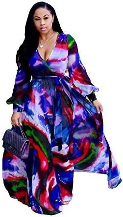 Women's Chiffon Dresses Plus Size V-Neck Stylish Printed Floral Maxi Dress with Belt Oversize S-5X