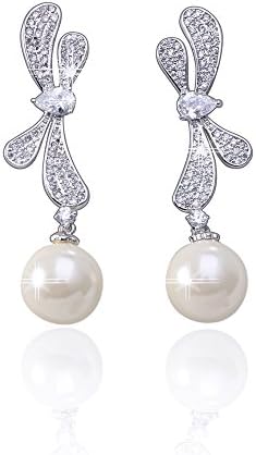 Delicin Jewerly Rhodium Plated Bridal Prom Cubic Zirconia Simulated Pearl Drop Earrings