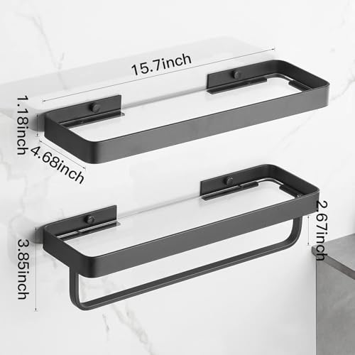 TERRIFI 40 CM Wall Mounted Shower Caddies, 2-Tier Bathroom Shelves with Towel Bar, Tempered Glass Floating Shelf, Black Bathroom Wall Organizer