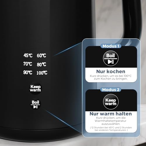 Electric Kettle 1800W-2200W 1.7L 45°C ~ 100°C Kettle with 6 Temperature Controls, Automatic Shut-Off and Keep Warm Function, 304 Stainless Steel, Dry Protection, BPA Free Smart Fast B