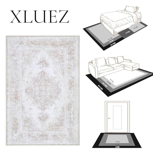 XLUEZ Area Rug 8x10 Living Room Rug, Machine Washable Vintage Distressed Medallion Rug Non-Slip Soft Low Pile Large Indoor Rugs for Bedroom Dining Room Office Children's Room (Beige,8'x10')
