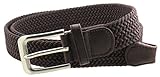 Mens Braided Elastic Stretch Belt Leather Tipped End and Silver Metal Buckle (Brown-L)