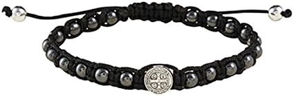 Silver Toned Saint Benedict Medal Hematite Bead Black Cord Bracelet, 7 1/2 Inch