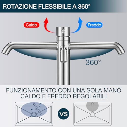 DETBOM 360° Swivel High Basin Tap, Single Lever Hot and Cold Water, Bathroom Mixer Tap in 304 Stainless Steel, Removable Aerator, Brushed Silver