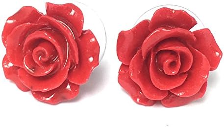 Alice Yan Jewelry Resin Very Red Rose Earrings 14K White Gold Over Sterling Silver 15mm 1/2 inch (Very Red)