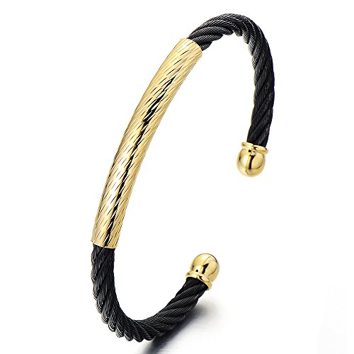 Elastic Adjustable Mens Womens Stainless Steel Twisted Cable Bangle Bracelet Gold Black Two-tone