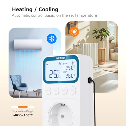 Inkbird C236T WiFi Thermostat with Probe, Heating and Cooling, Alarm Function, LCD Display, Thermostat Socket for Home, Reptiles, Greenhouse, Incubation