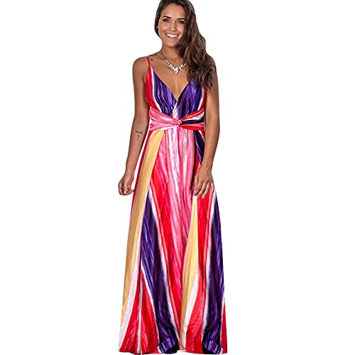 Womens Bohemian Floral Printed Wrap Deep V Neck Spaghetti Strap Dress Long Casual Beach Party Boho Tropical Summer Maxi Dress Cross Back Strappy Backless Wedding Prom Evening Dress Red Stripes Small at Amazon