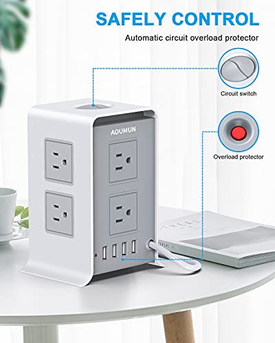 Surge Protector Power Strip Tower, 10FT/3M Extension Cord, Power Strip Surge Protector with 8 AC Outlets & 4 USB Ports, 1600W Overload Protection, Short Circuit Protection. (Grey Version)