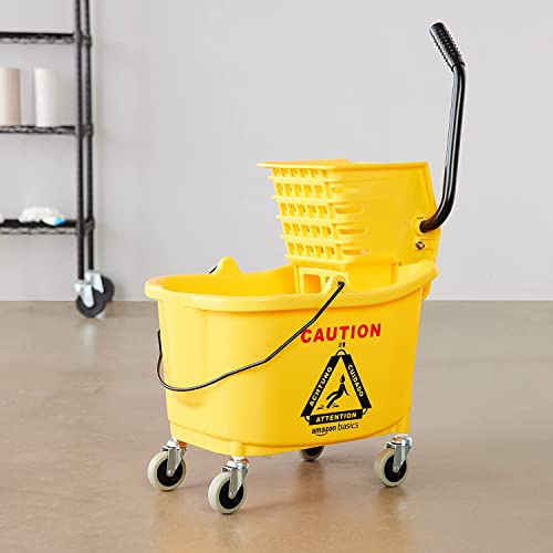 Amazon Basics Side Press Wringer Combo Commercial Rectangular Mop Bucket on Wheels, 35-Quart, Yellow