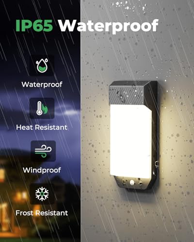 LOTMOS Lampe Solaire Exterieur Detecteur de Mouvement, 3 Couleurs 3000K/4000K/6500K LED Applique Murale Exterieure IP65 Etanche, 16W 1600LM Éclairage Extérieur pour Terrasse Entrée Jardin, Noir