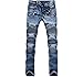 MAGE MALE Men'/s Ripped Biker Jeans Slim Fit Straight Destroyed Trousers With Zipper Deck Blue 28 W