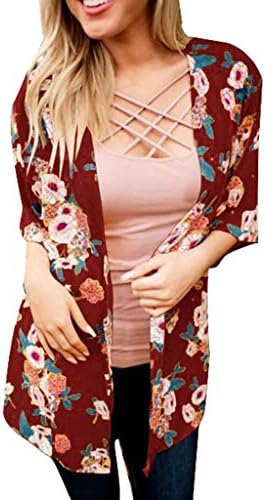 Kimono Cardigan for Women, Flowy Chiffon Blouse Half Sleeve Floral Print Casual Cardigan Cape Tops