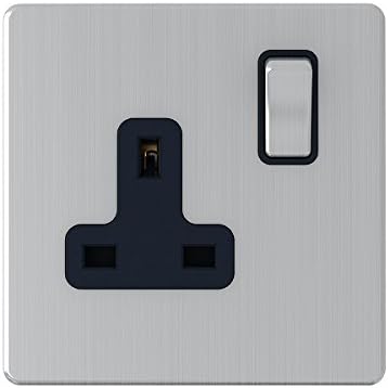 AET SL1GSOCBS 1 Gang 13 A Screwless Socket with Black Insert Metal Rocker Switch