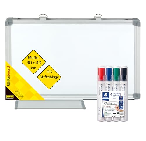90885 - Pizarra blanca con bandeja para rotuladores, aprox. 40 x 30 cm, incl. 4 rotuladores STAEDTLER Lumocolor para pizarra blanca con punta redonda de aprox. 2 mm de ancho de trazo